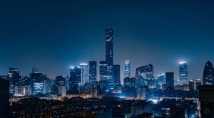 city skyline during night time
