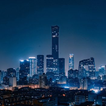 city skyline during night time