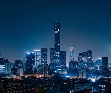 city skyline during night time